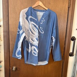 Octopus Print Blue Button-Up Top